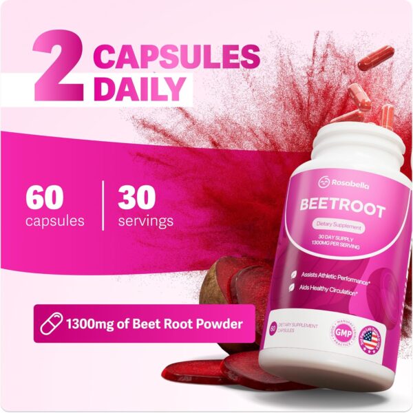 Rosabella Organic Beet Root Capsules - 1300mg Beet Root Powder Aids Healthy Circulation & Vitality, Non-GMO, Beet Root Supplement - 120 Capsules, 60-Day Supply